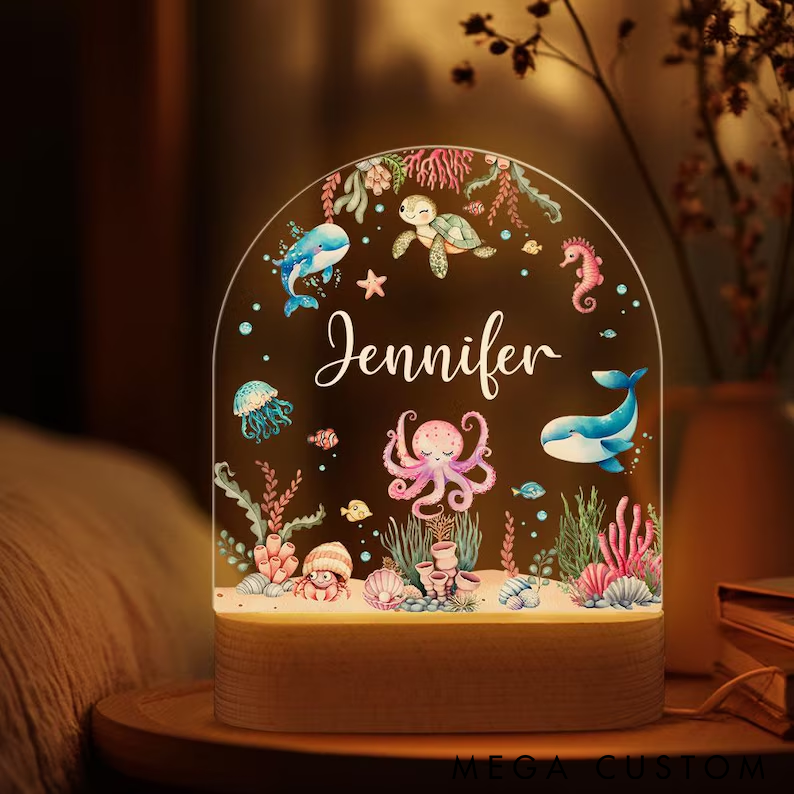Personalized Ocean LED Night Light Underwater Theme with Fish and Sea Creatures Custom Name Perfect for Fishing Lovers or Kids Room Decor