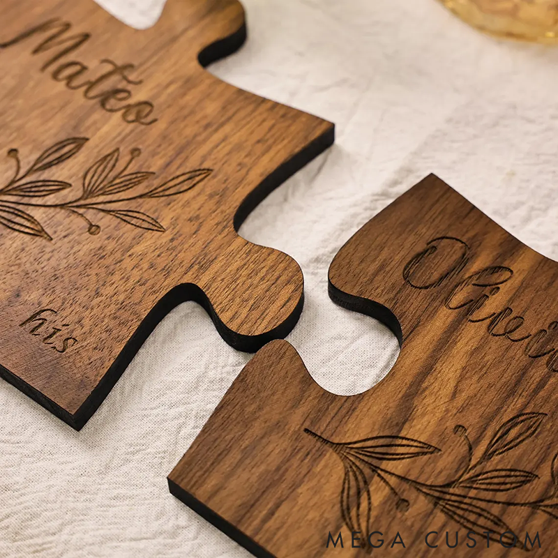 Personalized Couples Coaster Set Engraved Jigsaw Wooden Coaster Custom Names and Time Engraved Unique Couple Gift Rustic Home Decor Wedding or Anniversary Gift
