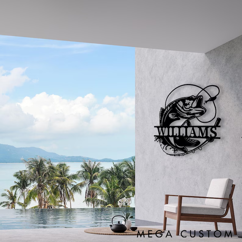 Personalized Fishing Metal Wall Art Outdoor Bass Fishing Sign Custom Name Durable and Stylish Perfect for Anglers Home Cabin or Fishing-Themed Decor