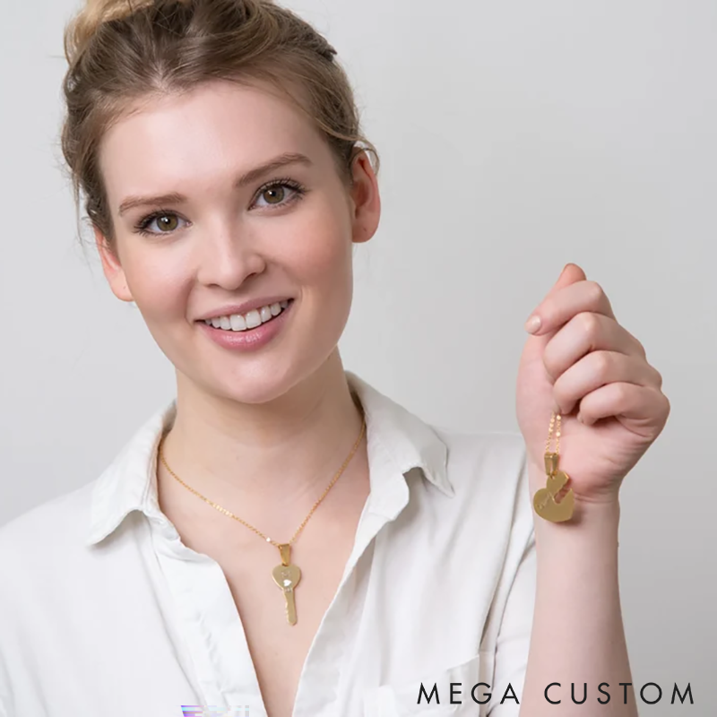 Personalized Couples Heart and Key Necklace Set Couples Jewelry Heart Necklace Key to My Heart Necklace Romantic Gift for Anniversaries Valentine's Day or Special Occasions