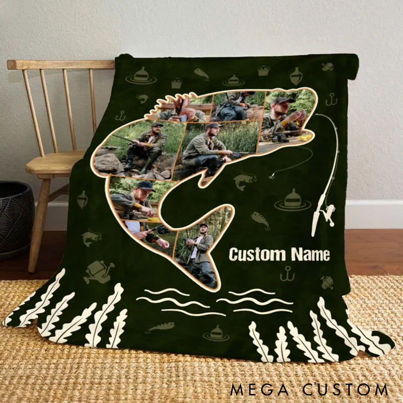 Personalized Fishing Photo Blanket Fishing Photo Collage Blanket Custom Name and Photo Perfect Gift for Fishing Enthusiasts and Cozy Home Decor