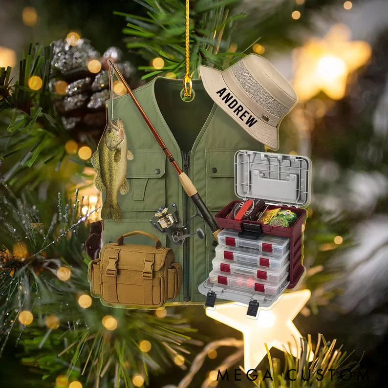 Personalized Fishing Christmas Ornament Bass Fishing Christmas Ornament Custom Name Design with Vest Rod and Tackle Box Perfect Gift for Fishing Lovers and Holiday Decor