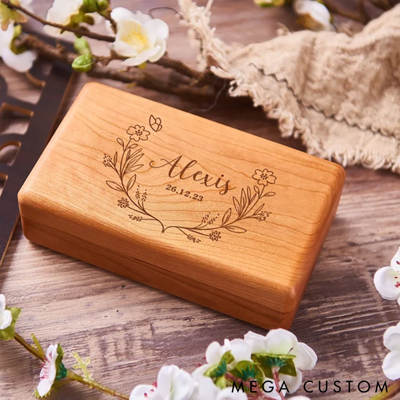 Personalized Wooden Jewelry Box Custom Name and Time Engraving Elegant Organizer for Rings Earrings and Necklaces Perfect Gift for Women