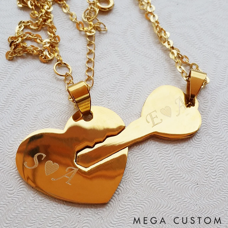 Personalized Couples Heart and Key Necklace Set Couples Jewelry Heart Necklace Key to My Heart Necklace Romantic Gift for Anniversaries Valentine's Day or Special Occasions