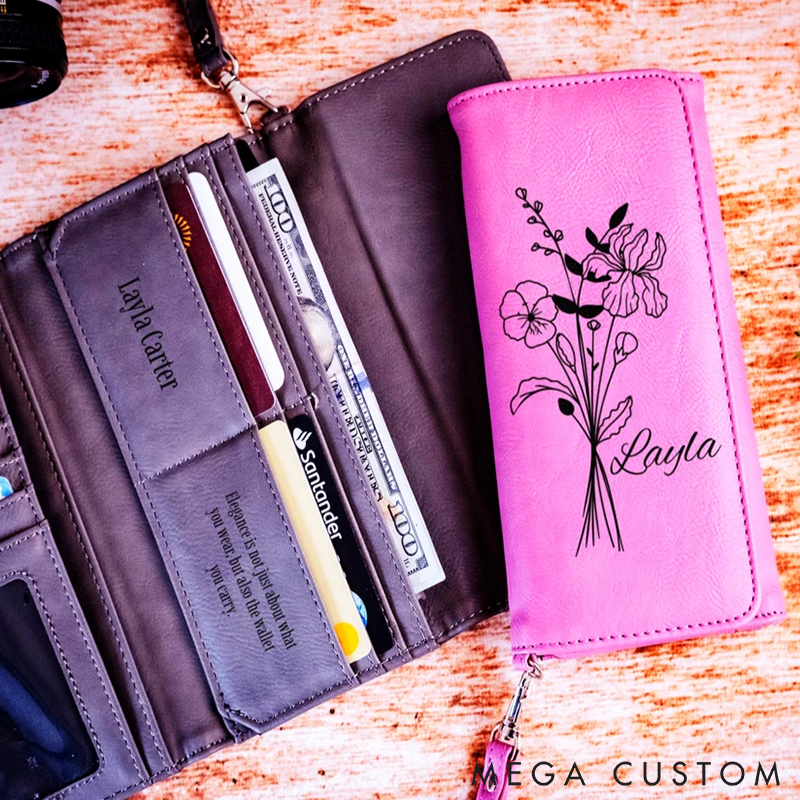 Personalized Birth Flower Leather Wallet Women's Wallet Leather Wallet for Women Custom Name and Floral Multiple Card Slots Zipper Pocket Stylish and Functional Gift