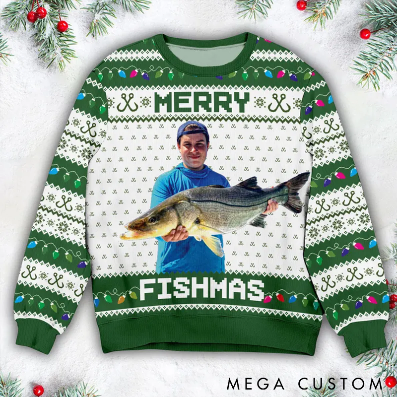 Personalized Fishing Ugly Sweater Custom Photo Ugly Sweater Merry Fishmas Ugly Sweater Perfect Holiday Gift for Fishing Enthusiasts