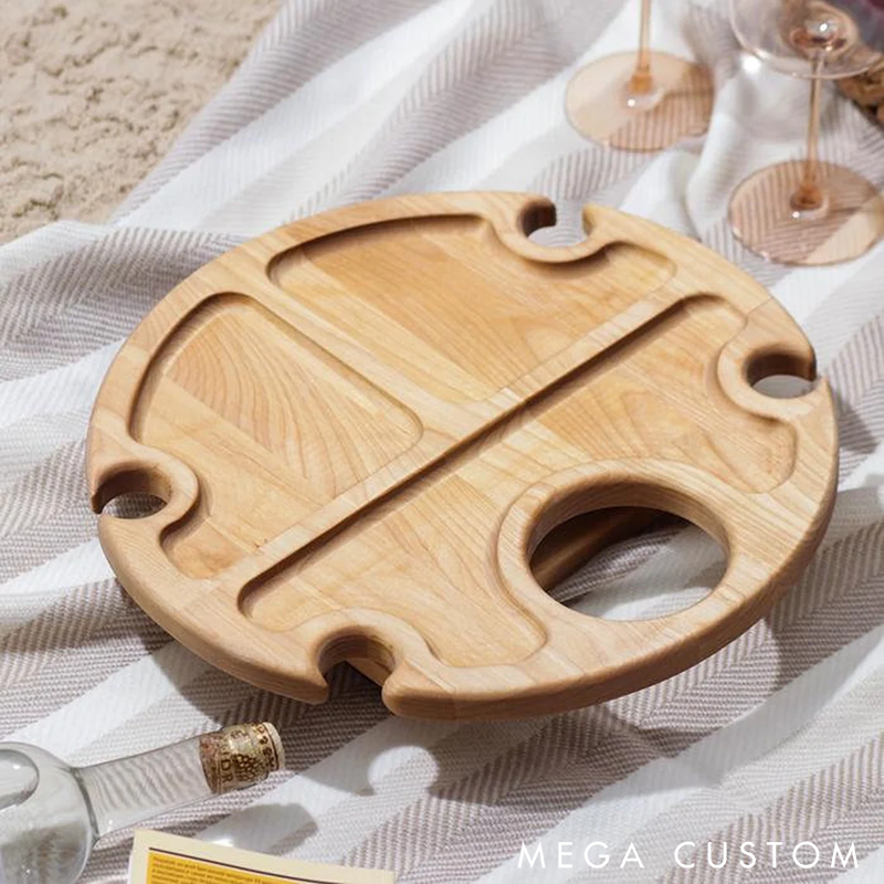 Personalized Wooden Folding Wine Picnic Table with Snack Holder Patio Furniture Portable Custom Engraved Outdoor Serving Tray for Camping or Gatherings