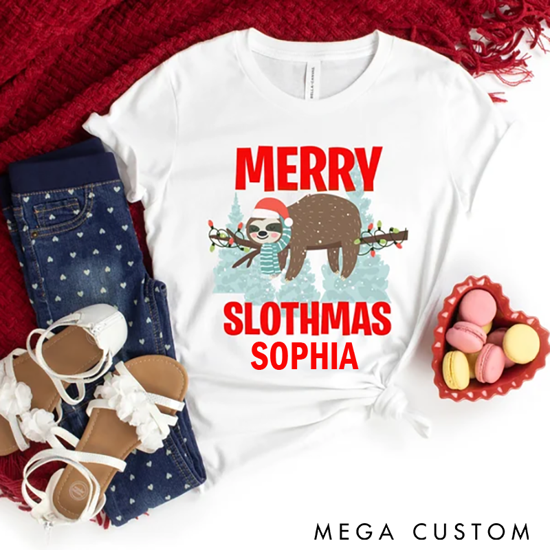 Personalized Sloth Yoga Christmas T-Shirt Funny Merry Slothmas Design Custom Name Perfect Holiday Gift for Yoga Enthusiasts