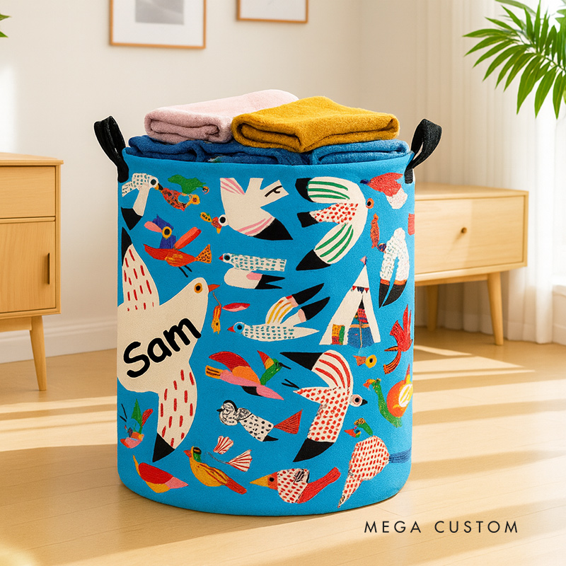 Personalized Cute Hand Drawn Bird Print Large Waterproof Laundry Hamper with Handles Custom Name Embroidery Kids Gift