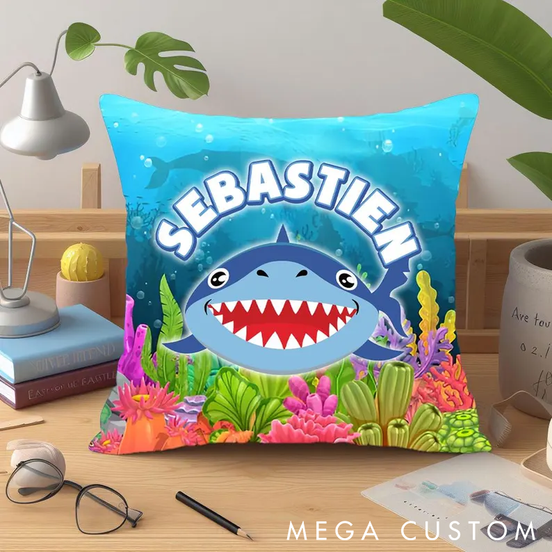 Personalized Shark Theme Pillow Custom Name Funny Ocean Design for Kids Perfect Gift for Fishing Enthusiasts and Sea Life Lovers