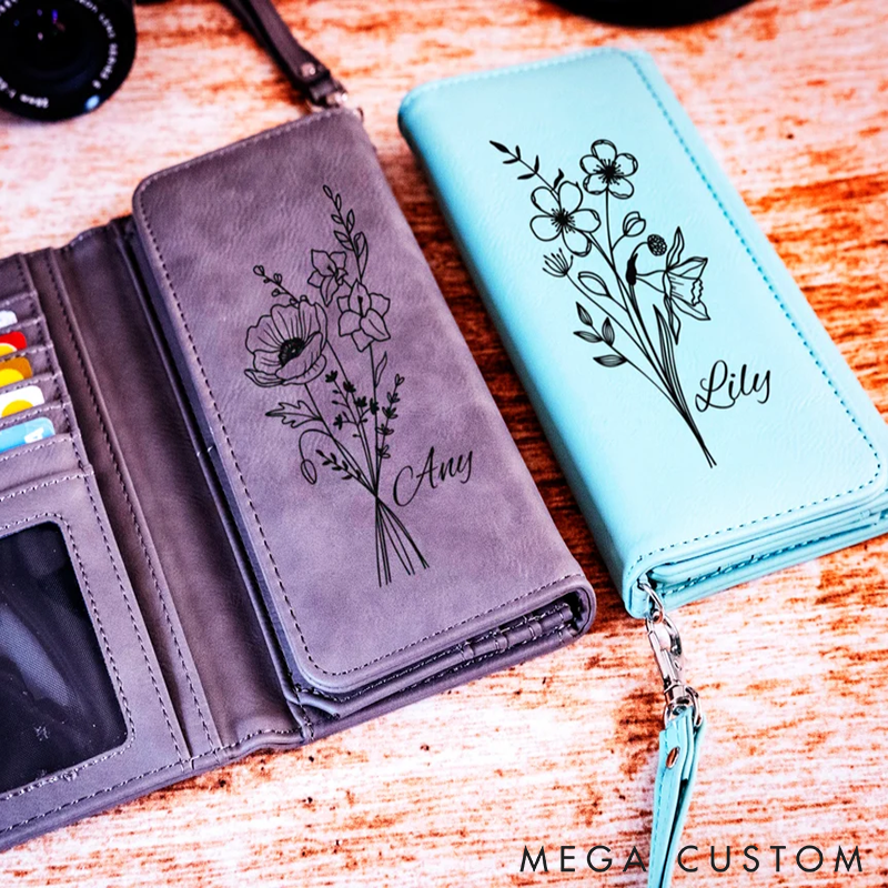 Personalized Birth Flower Leather Wallet Women's Wallet Leather Wallet for Women Custom Name and Floral Multiple Card Slots Zipper Pocket Stylish and Functional Gift