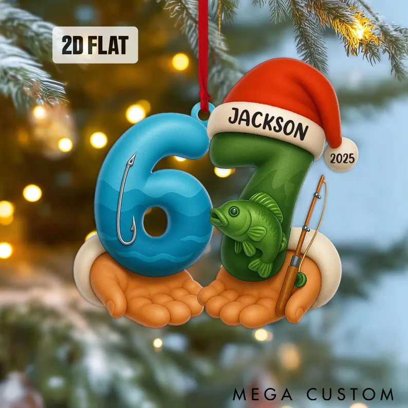 Personalized Fishing Christmas Ornament Funny Six Seven Christmas Tree Ornament Custom Name and Time Unique 2D Flat Design with Fish and Hook Perfect for Fishing Enthusiasts