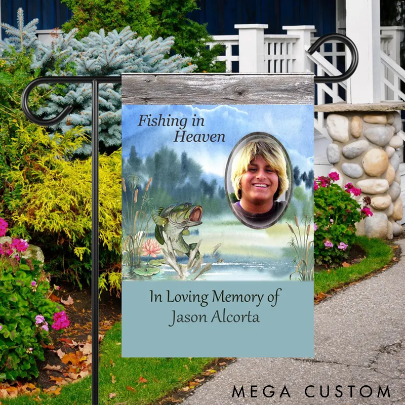 Personalized Memorial Fishing Flag Remembrance Photo Flag Custom Photo and Name Tribute to Fishing Enthusiasts in Loving Memory