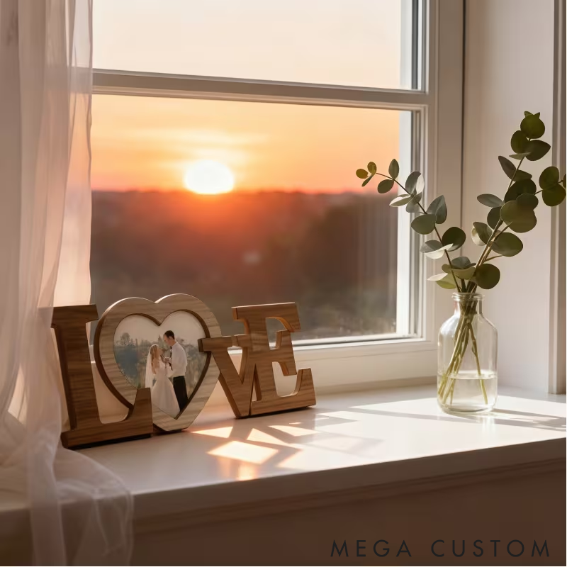 Personalized LOVE Wooden Photo Frame Heart-Shaped Picture Display Romantic Gift for Couple Wedding Anniversary or Home Decor 