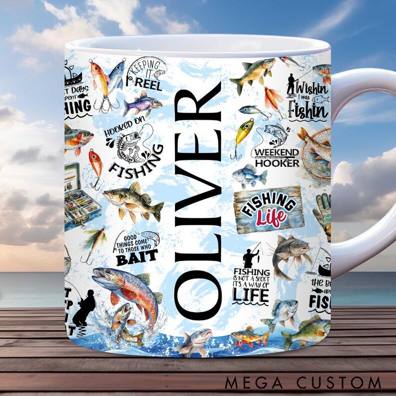 Personalized Fishing Mug Custom Name Ceramic Coffee Cup with Funny Fishing Quotes and Fish Designs Perfect Gift for Fishing Enthusiasts