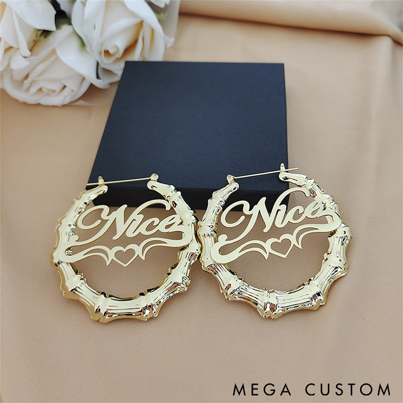 Personalized Bamboo Hoop Earrings Custom Name Jewelry with Heart Design Unique Gift for Women Stylish and Lightweight Accessories