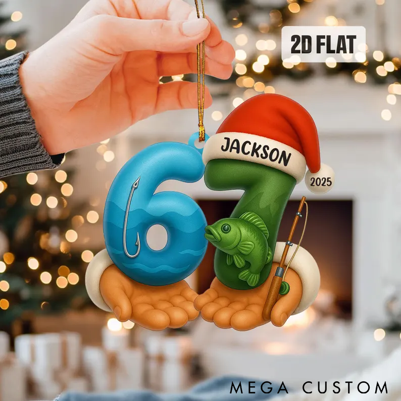 Personalized Fishing Christmas Ornament Funny Six Seven Christmas Tree Ornament Custom Name and Time Unique 2D Flat Design with Fish and Hook Perfect for Fishing Enthusiasts