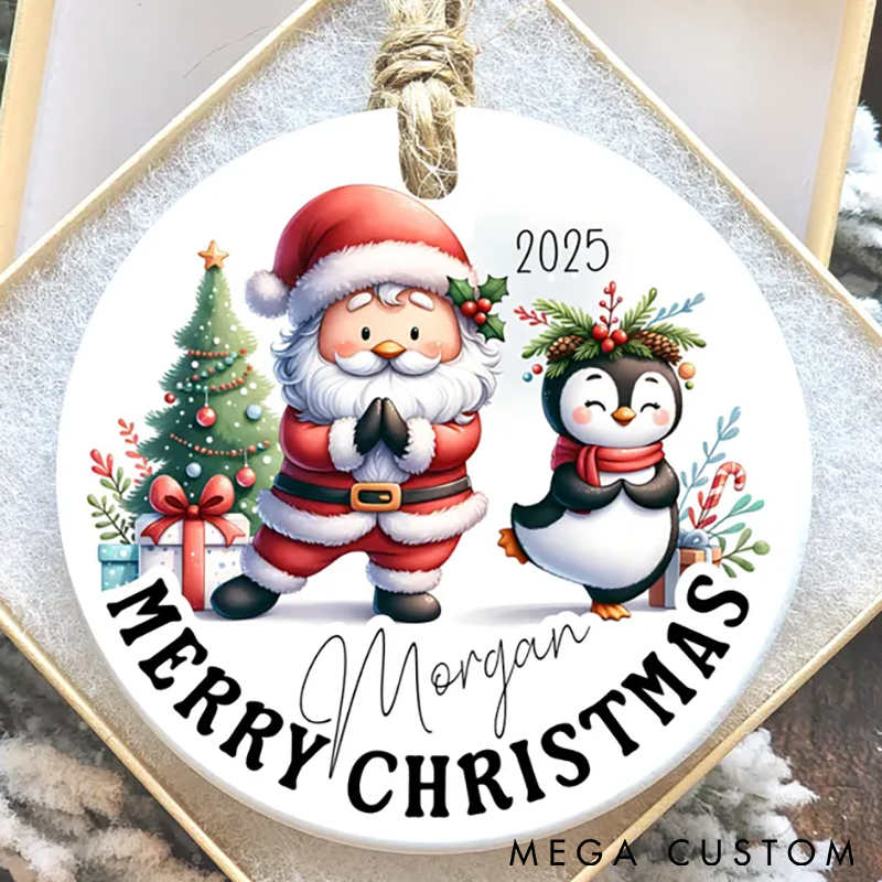 Personalized Yoga Christmas Ornament Fitness Lover Holiday Tree Decoration Festive Santa and Penguin Design Custom Name and Time Perfect Holiday Gift for Yoga Enthusiasts