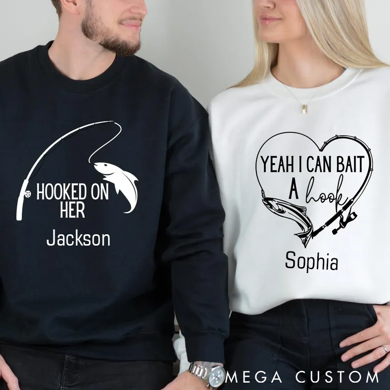 Personalized Fishing Couple Sweatshirts Valentines Sweatshirt Hooked on Her and Bait a Hook Design Custom Names Perfect Gift for Fishing Lovers