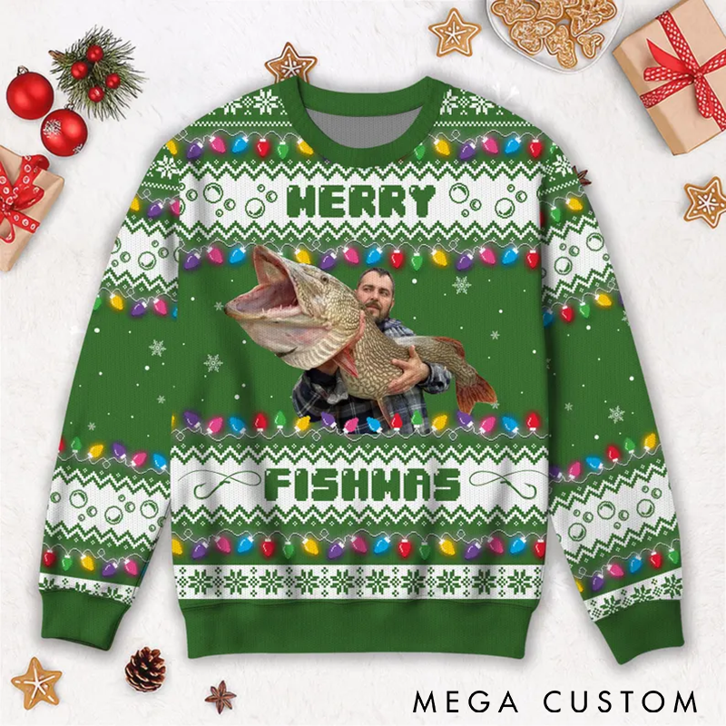 Personalized Merry Fishmas Sweater Fishing Ugly Christmas Sweater Custom Photo Perfect Holiday Gift for Anglers and Fishing Fans