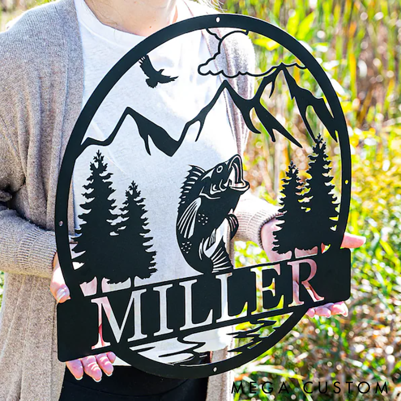 Personalized Metal Fishing Sign Outdoor Bass Fishing Sign Rustic Outdoor Decor Lake and Fish Design Custom Name Perfect for Cabin Camp or Fishing Enthusiasts