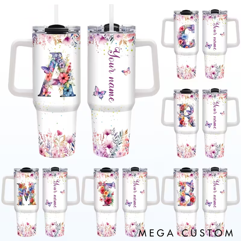 Personalized Tumbler with Handle with Floral Design Stainless Steel Custom Name Insulated for Hot and Cold Drinks Perfect Gift for Women