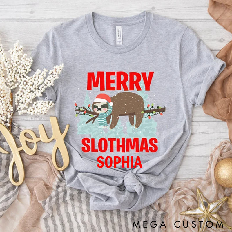 Personalized Sloth Yoga Christmas T-Shirt Funny Merry Slothmas Design Custom Name Perfect Holiday Gift for Yoga Enthusiasts