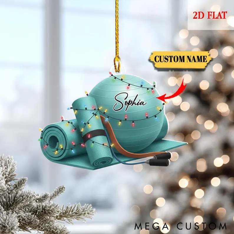 Personalized Yoga Ornament Yoga Mat and Ball Design with Festive Lights Custom Name Perfect Christmas Decor for Yoga Lovers