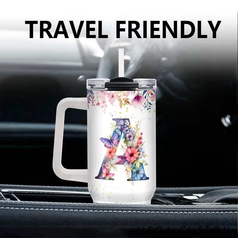 Personalized Tumbler with Handle with Floral Design Stainless Steel Custom Name Insulated for Hot and Cold Drinks Perfect Gift for Women