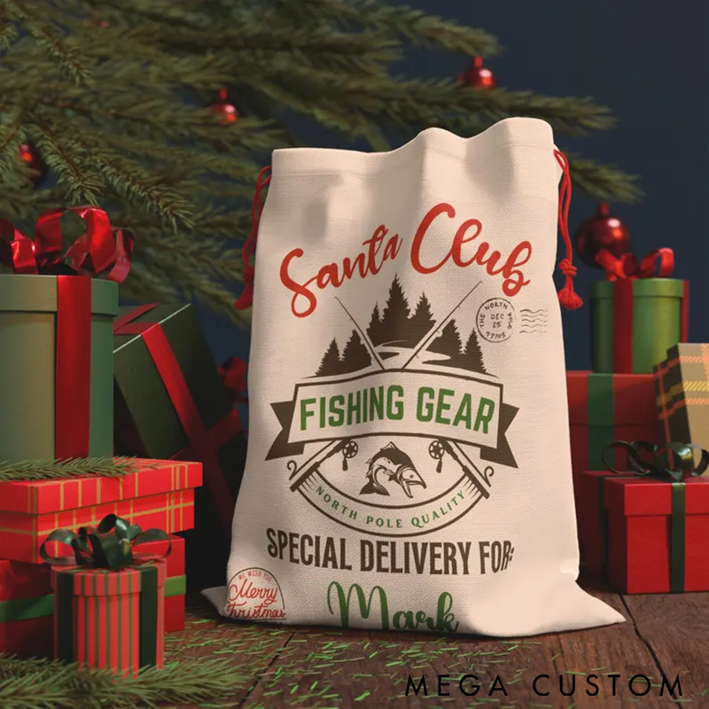 Personalized Fishing Santa Gift Bag Custom Name Christmas Sack for Fishing Enthusiasts Perfect Holiday Gift and Festive Decoration