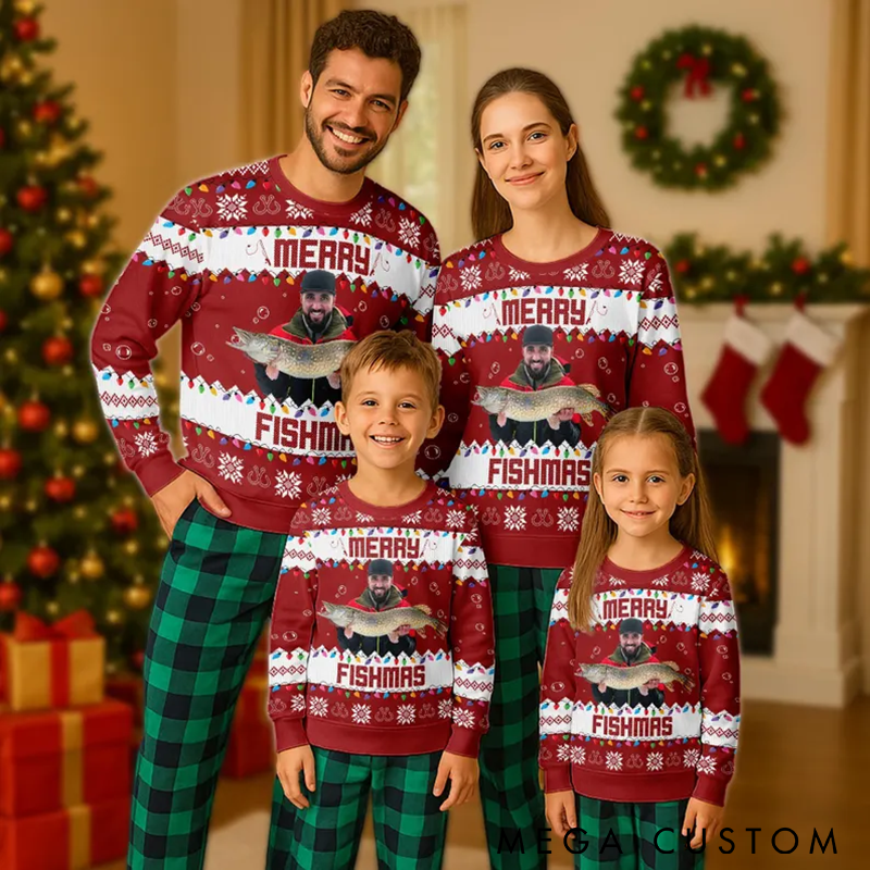 Personalized Merry Fishmas Sweater Fishing Ugly Christmas Sweater Custom Photo Funny Holiday Gift for Anglers and Fishing Lovers