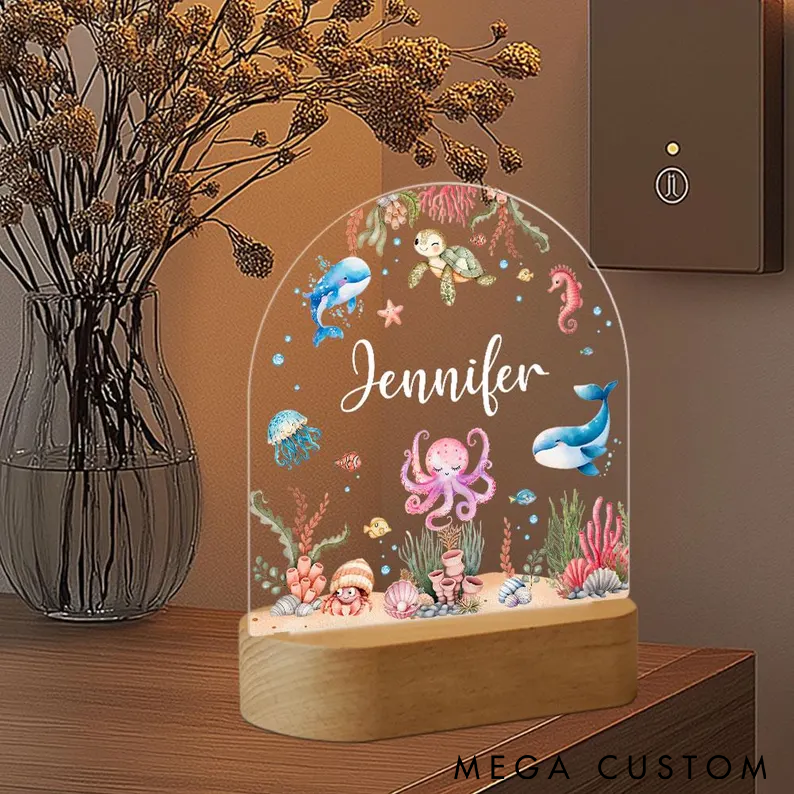 Personalized Ocean LED Night Light Underwater Theme with Fish and Sea Creatures Custom Name Perfect for Fishing Lovers or Kids Room Decor