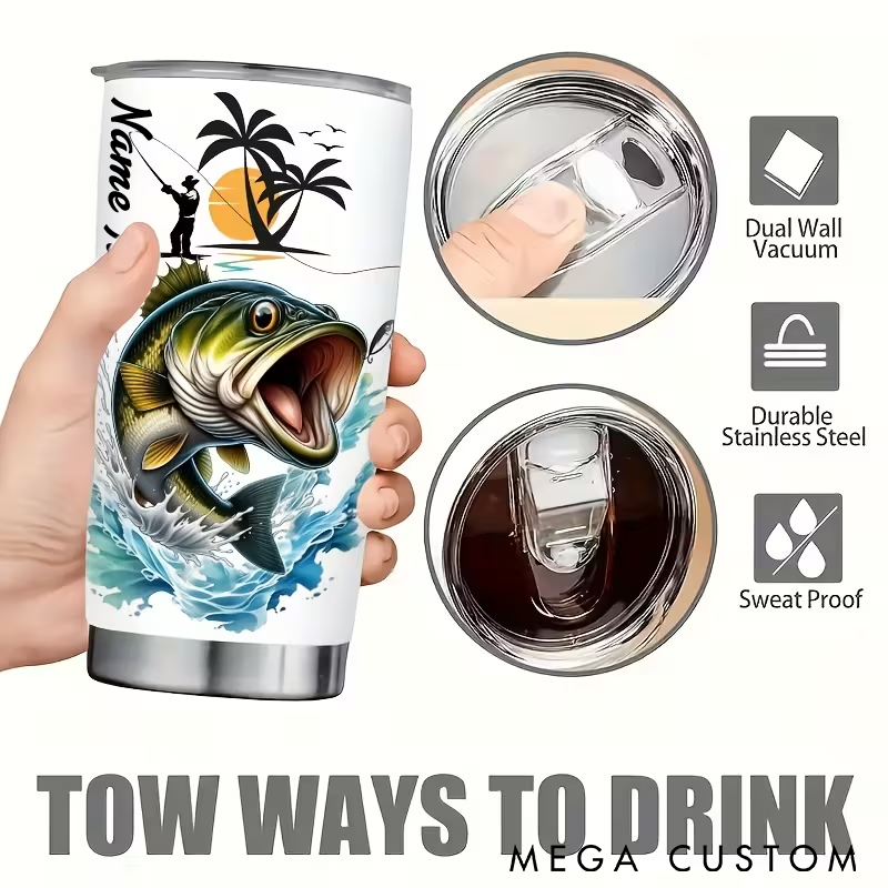 Personalized Fishing Tumbler Eat Sleep Fish Repeat Design Custom Name Stainless Steel Insulated Cup Perfect Gift for Anglers and Outdoor Lovers