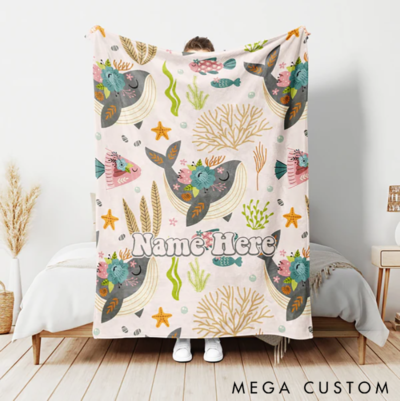 Personalized Fishing Blanket Whale Fish and Flower Blanket Custom Name Soft and Cozy Gift for Fishing Lover Young Kids and Sea Life Enthusiasts
