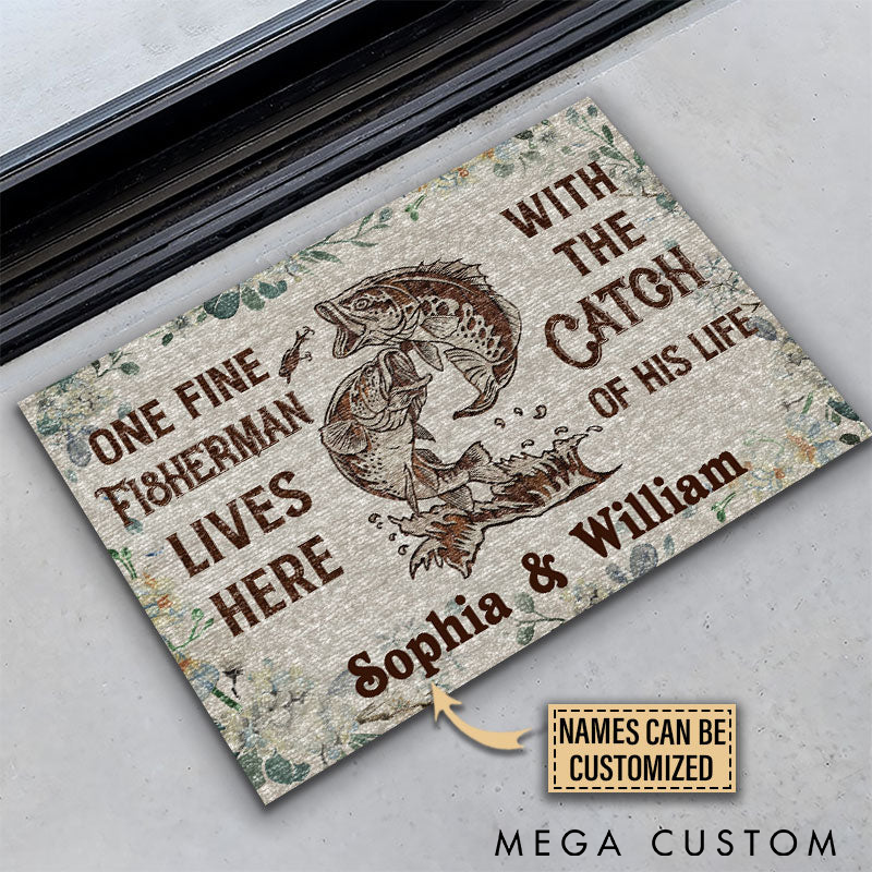 Personalized Fishing Doormat Custom Names Durable Non-Slip Mat with Fun Fisherman and Catch Design Perfect Gift for Fishing Lovers