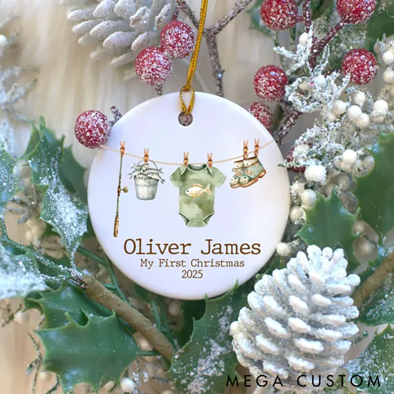 Personalized Ceramic Christmas Ornament Little Fisher Christmas Ornament Fishing Ornament 1st Christmas Ornament Perfect Gift for Young Anglers