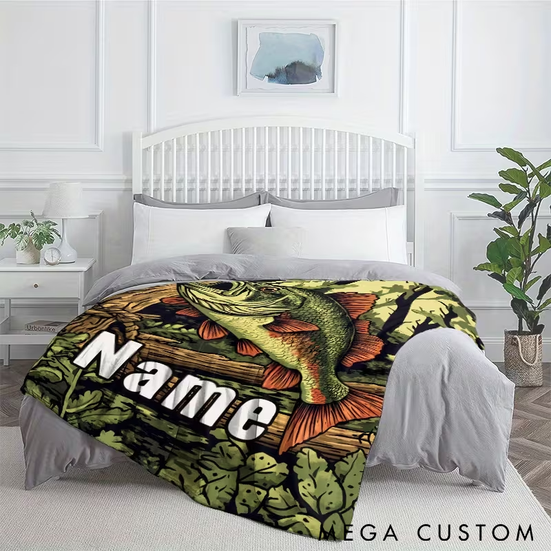 Personalized Fishing Blanket Bass Fish Design Custom Name Soft and Cozy Gift for Fishing Enthusiasts and Outdoor Lovers