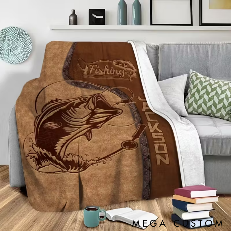 Personalized Fishing Blanket Bass Fish Design Custom Name Soft and Warm Perfect Gift for Anglers and Fishing Enthusiasts