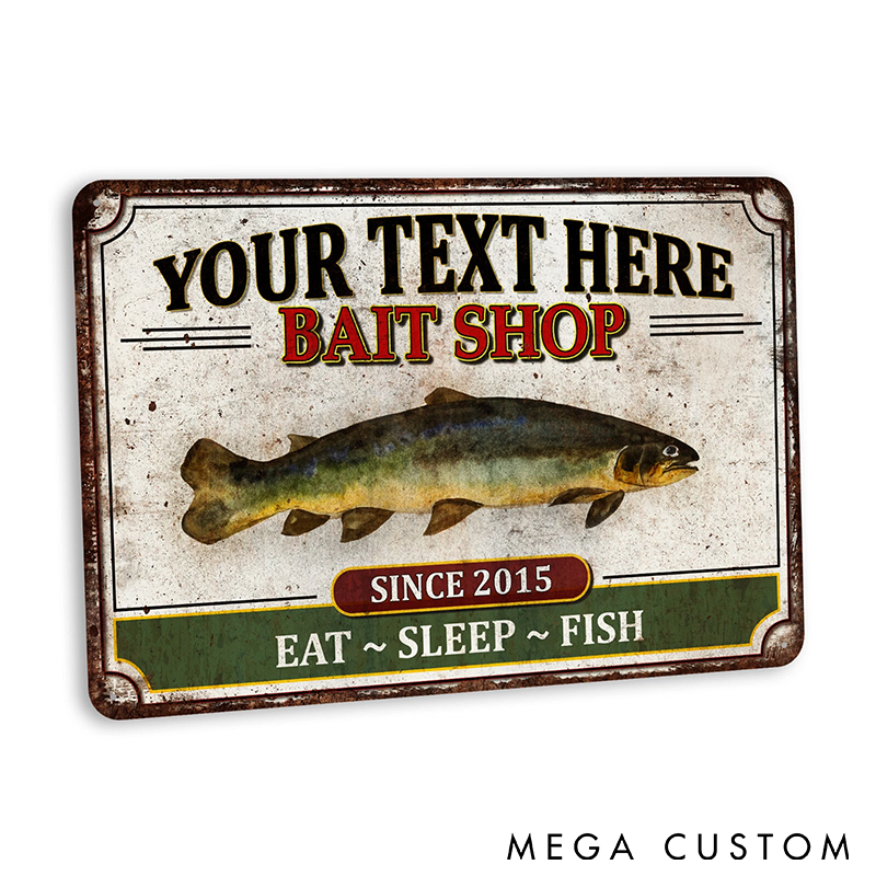 Personalized Fishing Metal Sign Bait Shop Sign Vintage Design Eat Sleep Fish Theme Custom Name Perfect for Fisherman Decor or Gift