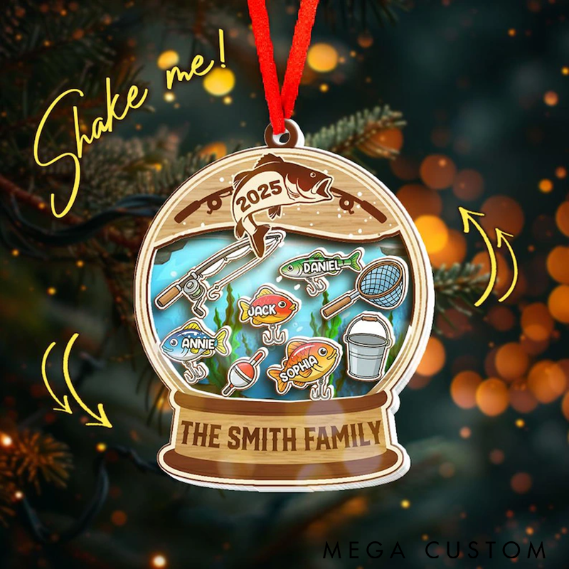Personalized Fishing Family Ornament Snow Globe Decor Daddy's Best Catch Christmas Gift Father Grandpa Fishing Gift Christmas Tree Decoration with Family Name and Fish Design