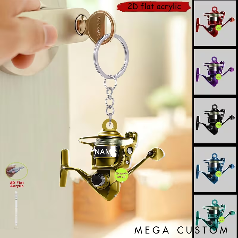 Personalized Fishing Reel Keychain 2D Acrylic Design Multiple Colors Custom Name Unique Gift for Fishing Lovers