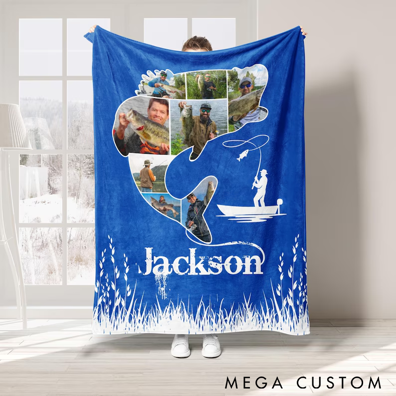 Personalized Fishing Photo Blanket Custom Name Soft Throw with Fish Shape Collage Perfect Gift for Fishing Lovers and Outdoor Enthusiasts