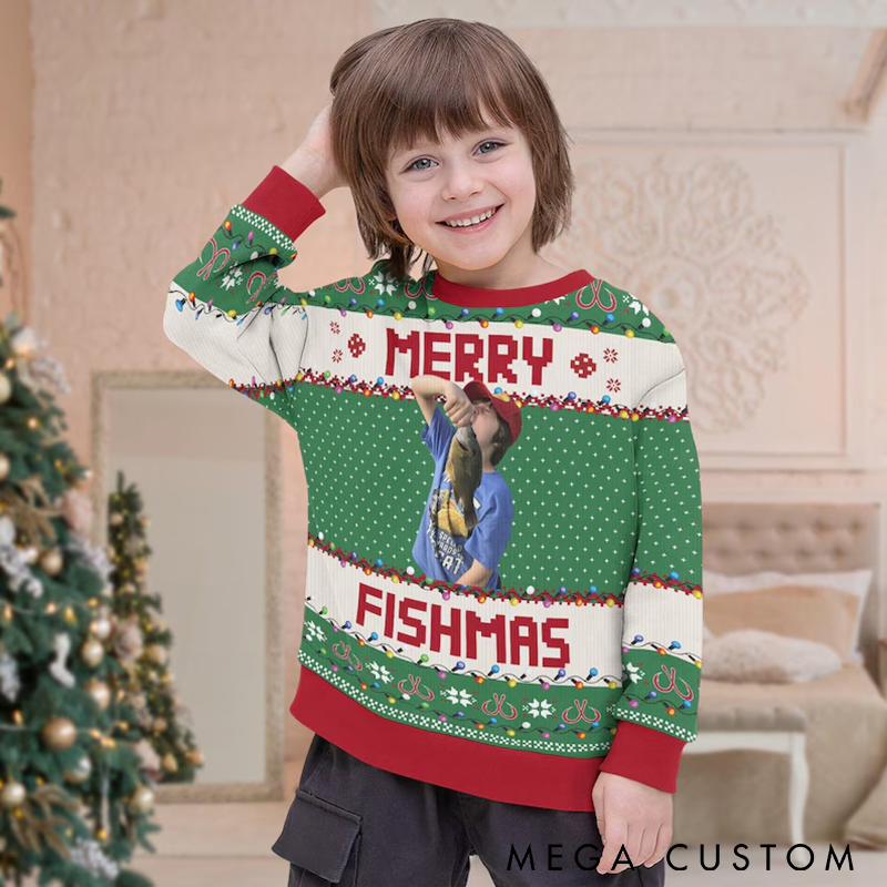 Personalized Merry Fishmas Sweater Photo Merry Fishmas Ugly Christmas Sweater Funny Fishing Themed Holiday Apparel Perfect Gift for Anglers Festive and Cozy Winter Wear 