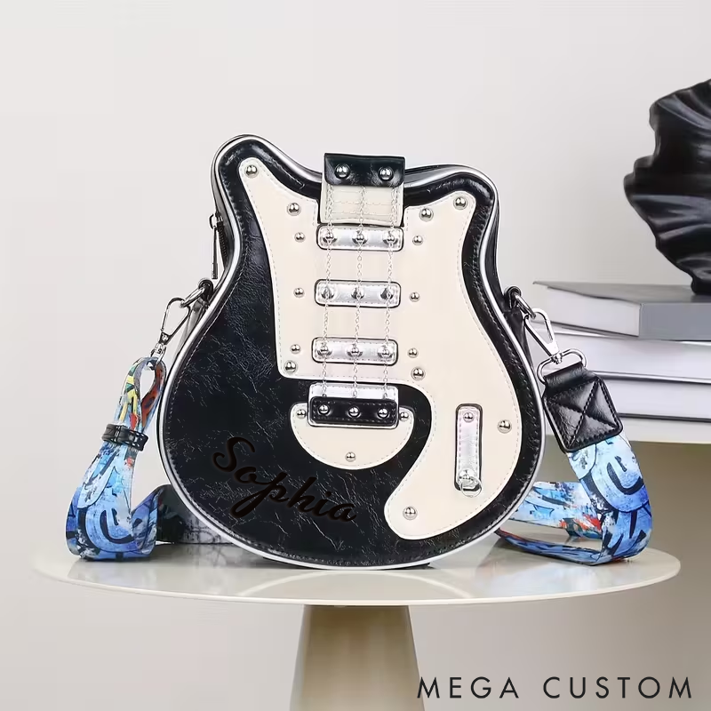Personalized Guitar-Shaped Crossbody Bag Small Guitar Bag for Women Bass Guitars Unique Shoulder Crossbody Purse with Chain Rivet Decor and Contrast Wide Strap Custom Name Perfect for Music Lovers