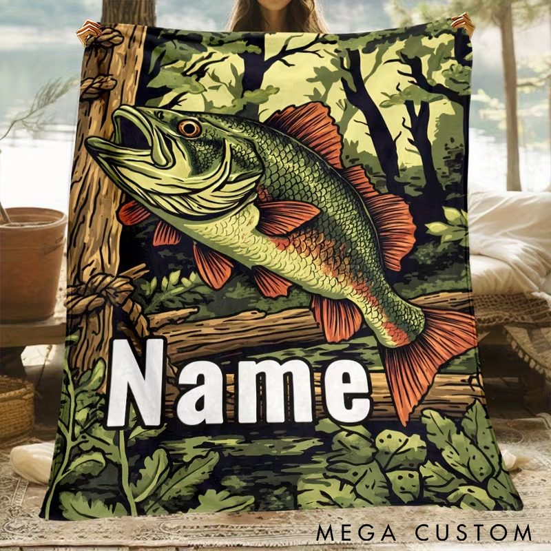 Personalized Fishing Blanket Bass Fish Design Custom Name Soft and Cozy Gift for Fishing Enthusiasts and Outdoor Lovers