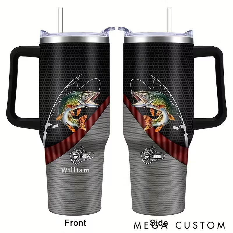 Personalized Fishing Tumbler with Handle with Fish Design Custom Name Stainless Steel Insulated Mug for Fishing Enthusiasts