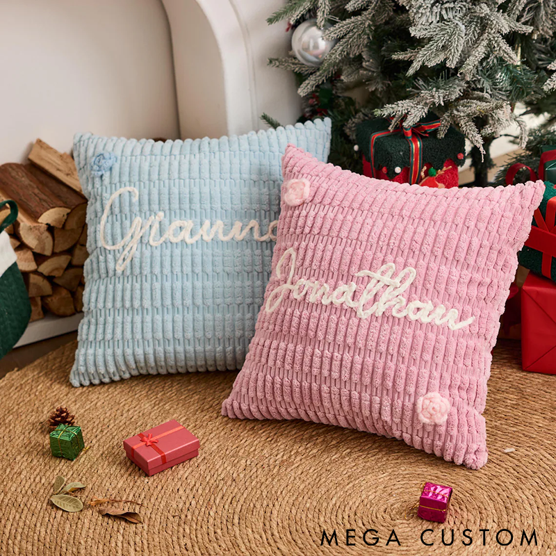 Personalized Knitted Throw Pillow Custom Name and Floral Accents Soft and Cozy Multiple Colors Perfect for Home Decor or Gifts
