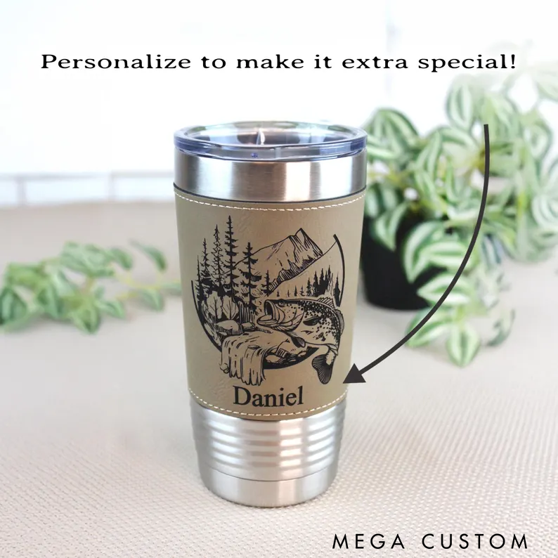 Personalized Fishing Cup Fly Fishing Gift Leather wrapped travel mug Fishing Coffee Mug Perfect Fishing Gift for Birthday Great Gift