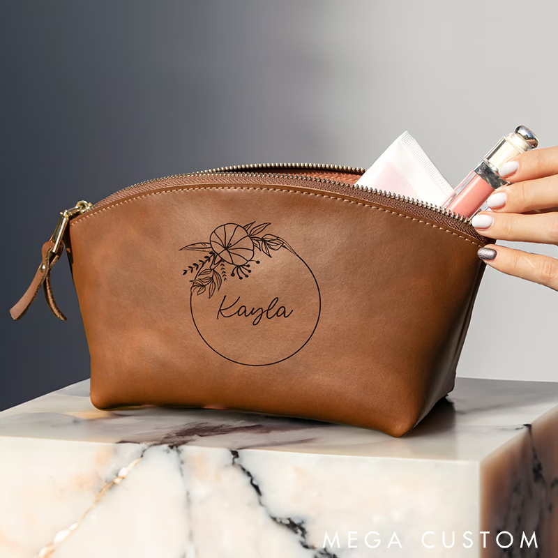 Personalized Leather Makeup Bag Cosmetic Bag Custom Name Cosmetic Pouch and Birth Flower Custom Makeup Bag Gift for Her Cosmetic Bag Gift for Women