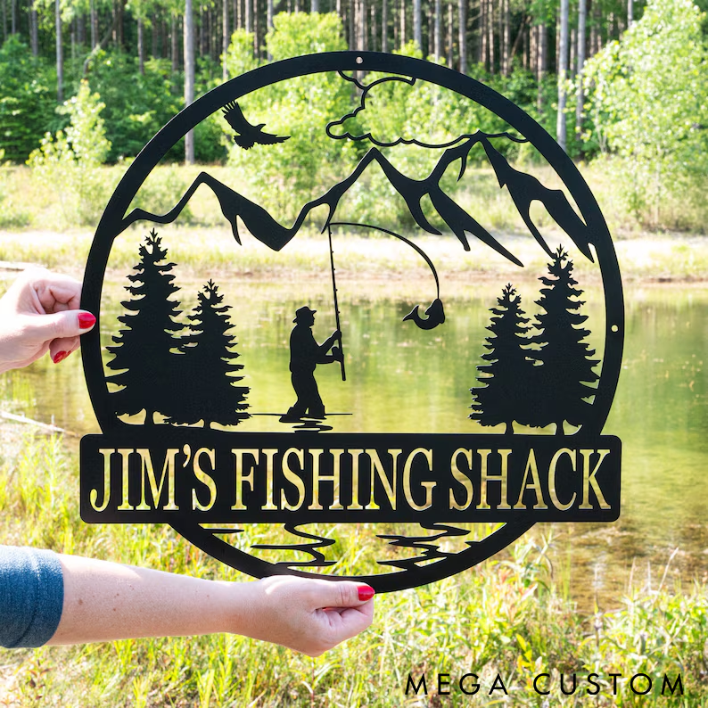 Personalized Metal Fishing Shack Sign Outdoor Cabin Decor Rustic Mountain and Fisherman Design Custom Name for Anglers and Lake Lovers